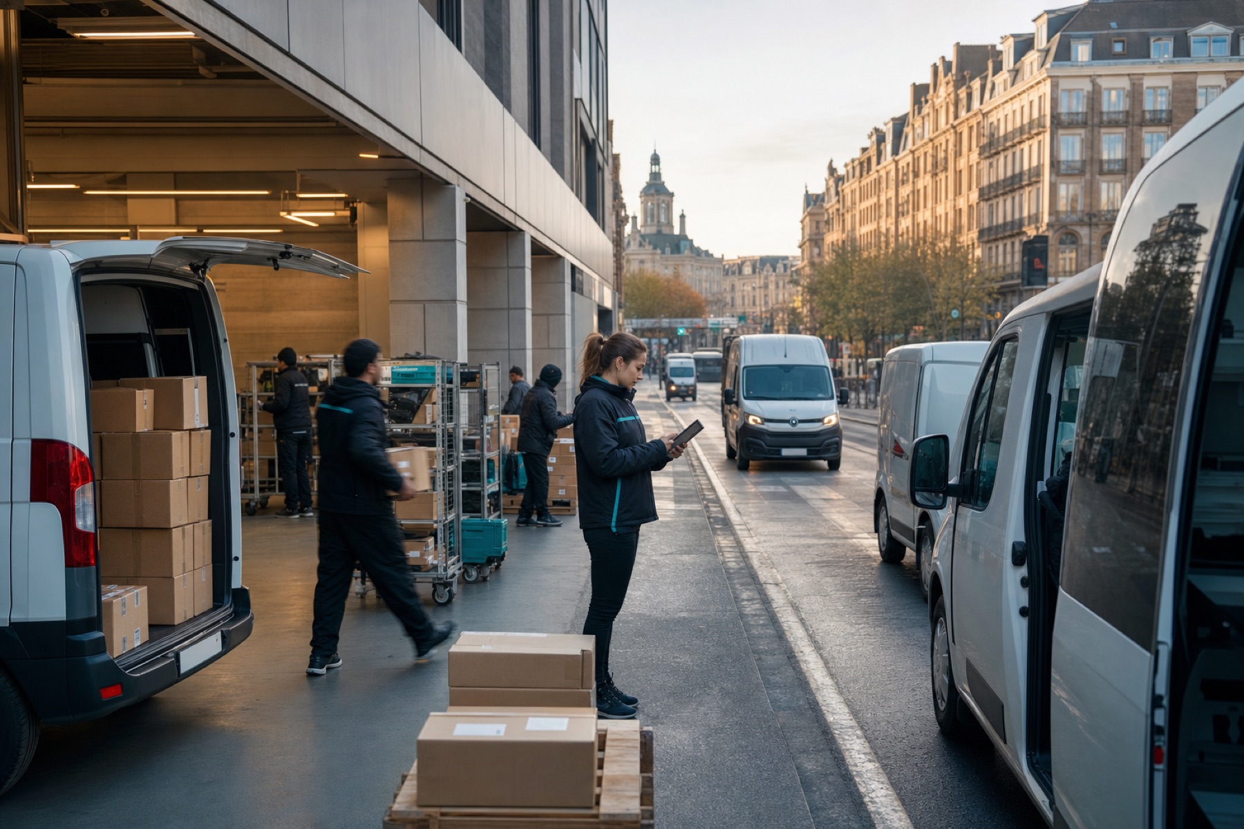 Urban distribution team coordinating a fleet of delivery vans