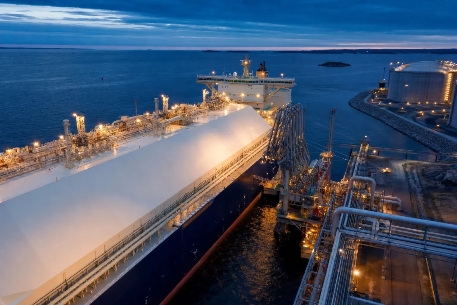 LNG carrier connected to a coastal energy terminal