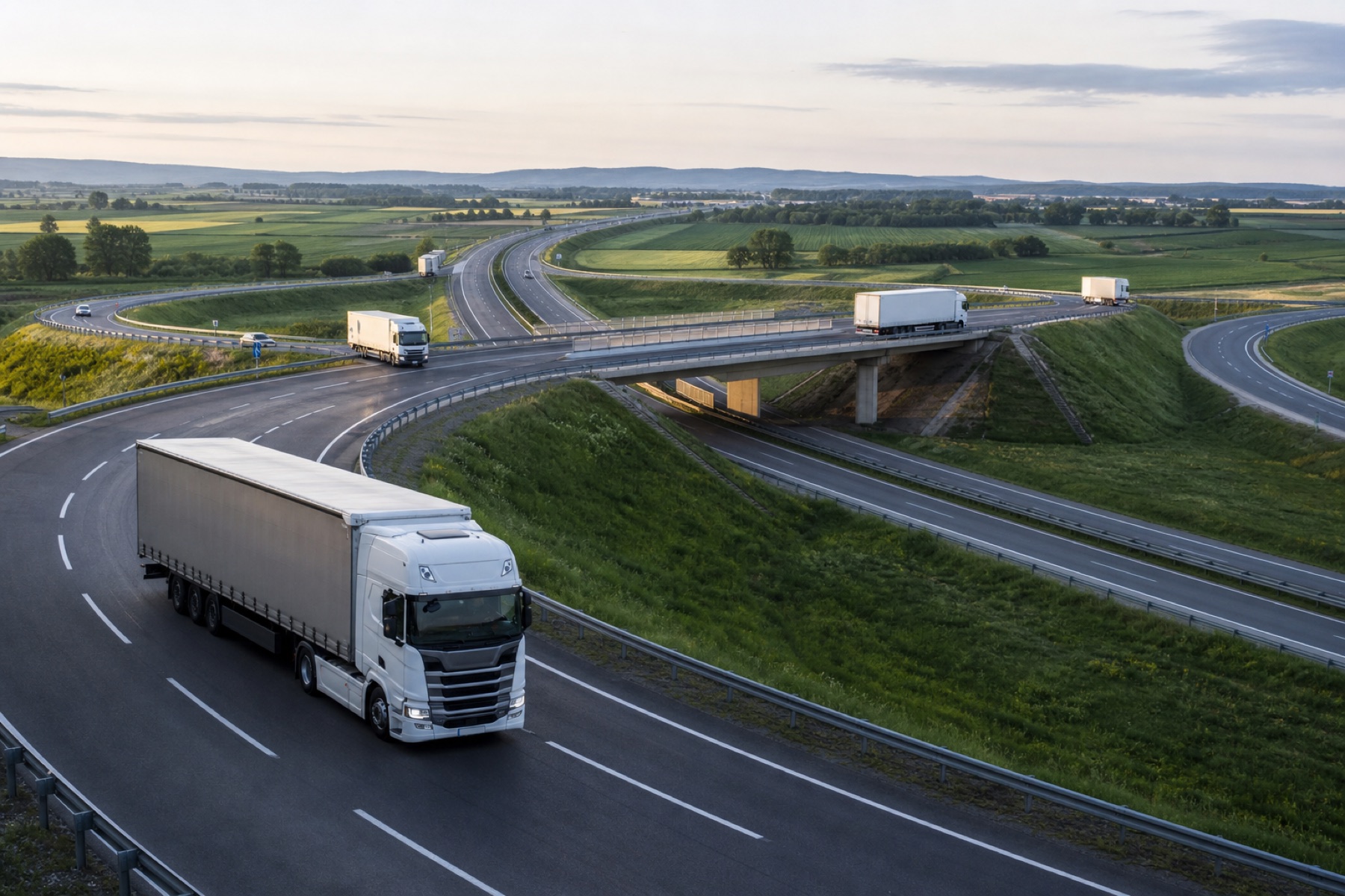 Long-haul trucks travelling through a European motorway interchange