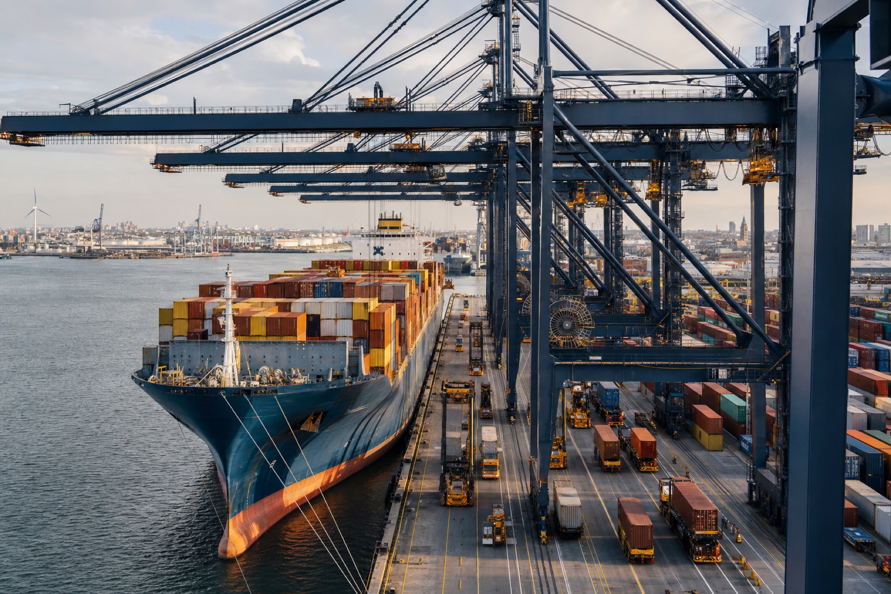 Container vessel being worked by quay cranes