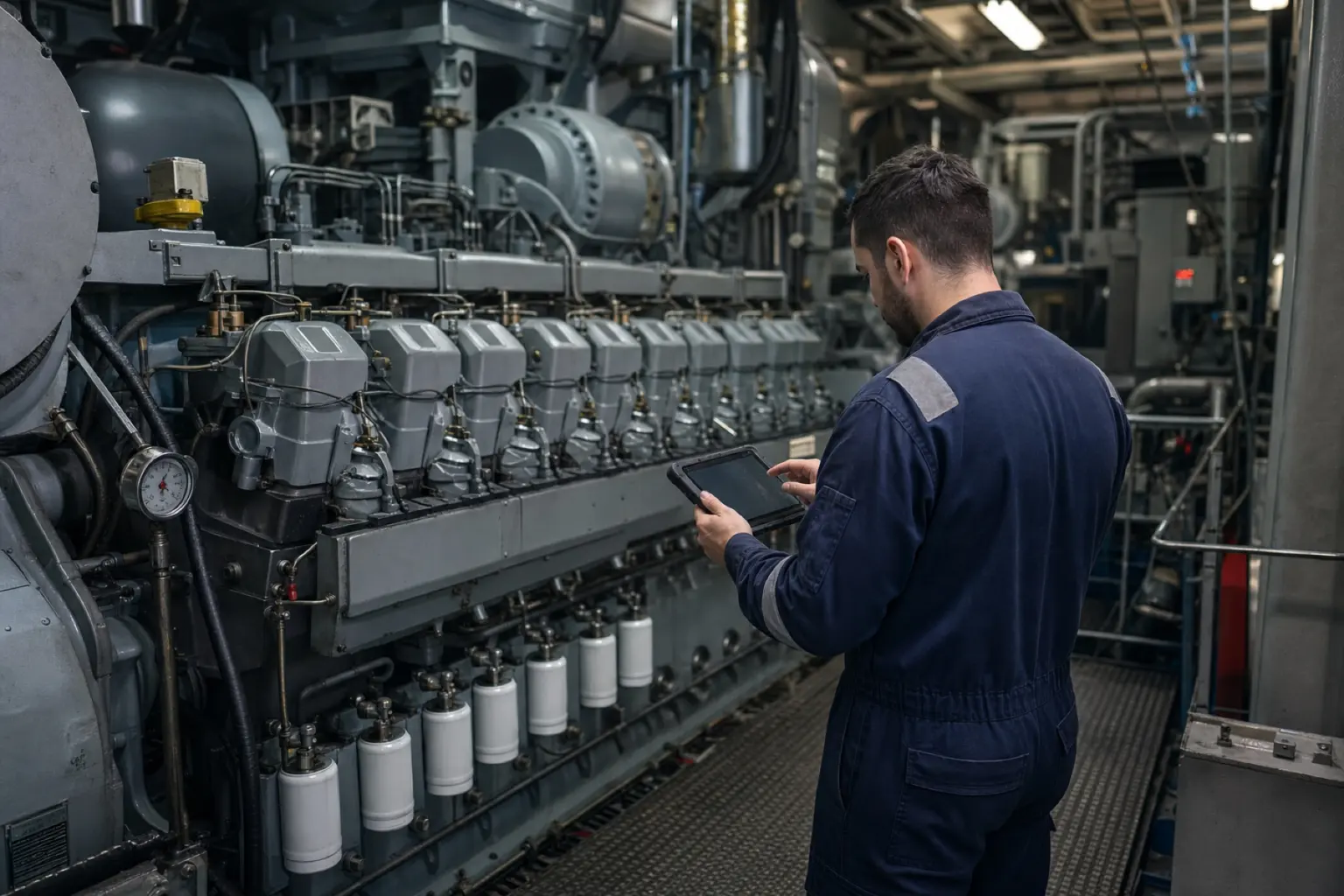 Marine engineer inspecting vessel machinery with a diagnostic tablet