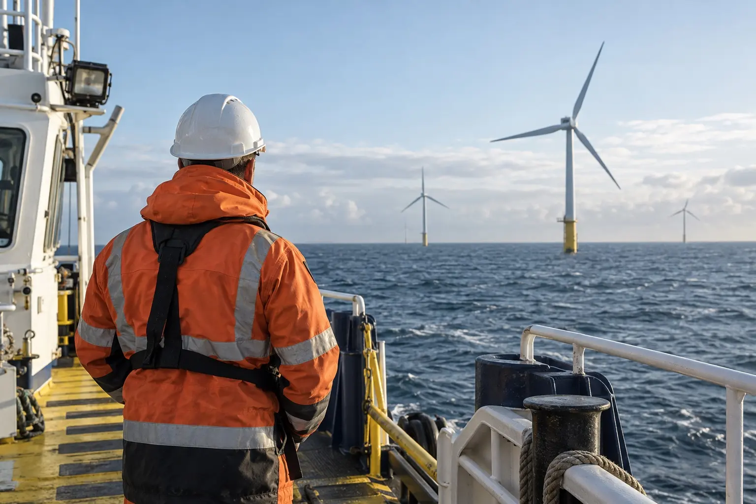 Maritime engineer looking toward an offshore wind farm from a service vessel